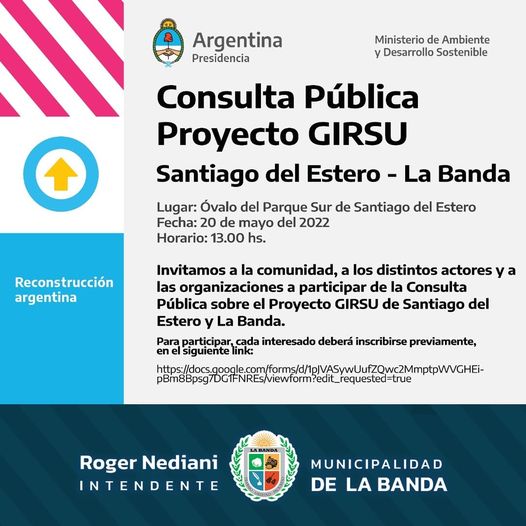 Informan que se realizará una Audiencia Pública en el marco del proyecto: “Diseño, construcción y operación del centro ambiental en Santiago del Estero”