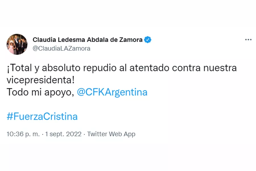 Claudia de Zamora repudió el atentado contra Cristina Kirchner