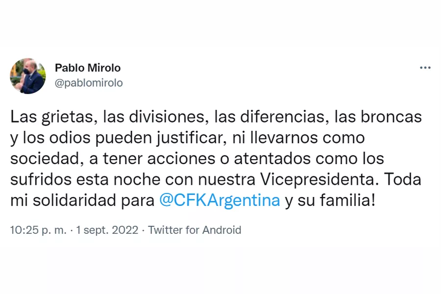 Pablo Mirolo se solidarizó con Cristina Kirchner tras su intento de asesinato