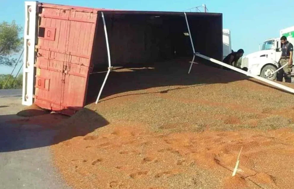 Volcó un camión con sorgo frente a Añatuya y la gente se llevó la carga