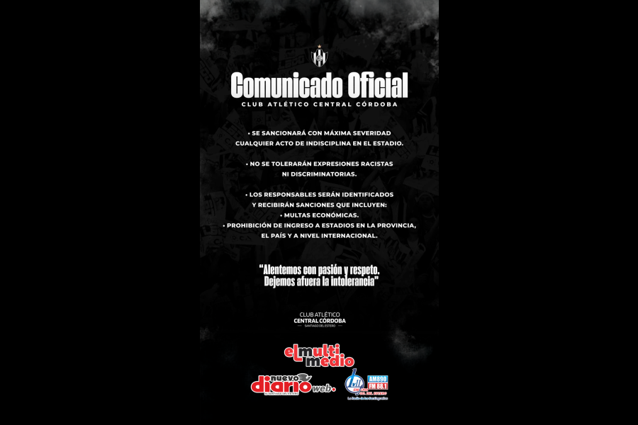 Central Córdoba advierte: sanciones severas ante actos de racismo o indisciplina en el estadio