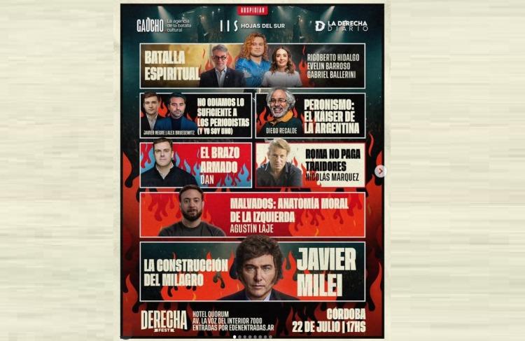 Milei encabeza el “Derecha Fest” y lleva su ofensiva cultural a Córdoba con un polémico line-up