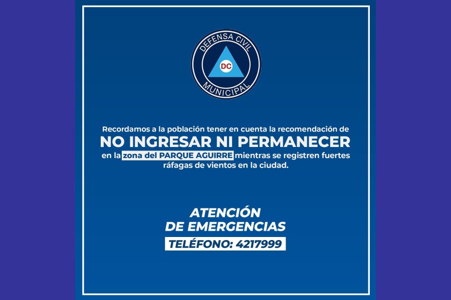 Defensa Civil recomendó evitar el Parque Aguirre durante las fuertes ráfagas de viento