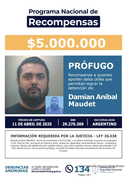 Ofrecen una recompensa para capturar a Damián Aníbal Maudet, acusado de abuso sexual de un menor