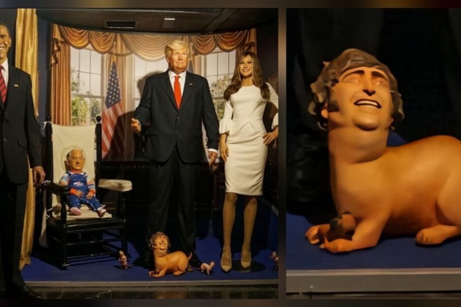 Un artista del Museo de Cera de Madrid representó a Milei como «el perrito» de Trump