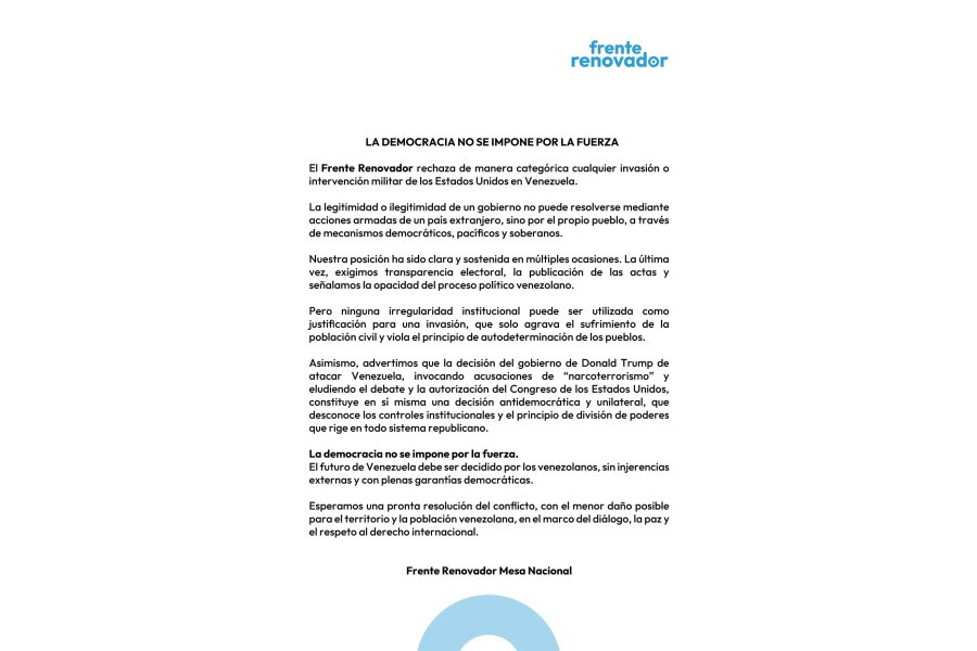 El Frente Renovador rechaza la intervención militar en Venezuela: «La democracia no se impone por la fuerza»