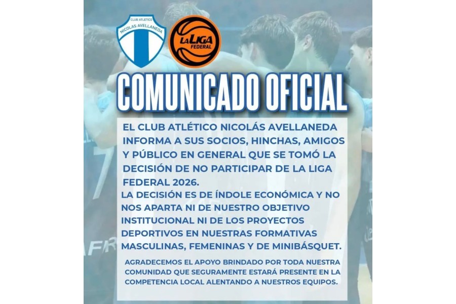 Nicolás Avellaneda prioriza su estabilidad y no jugará la Liga Federal 2026 Nicolás Avellaneda prioriza su estabilidad y no jugará la Liga Federal 2026