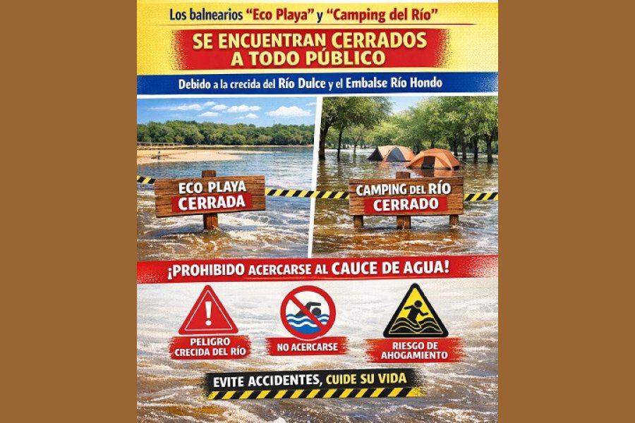 El caudal del río Dulce sigue en ascenso y se mantiene el cierre de balnearios en Las Termas