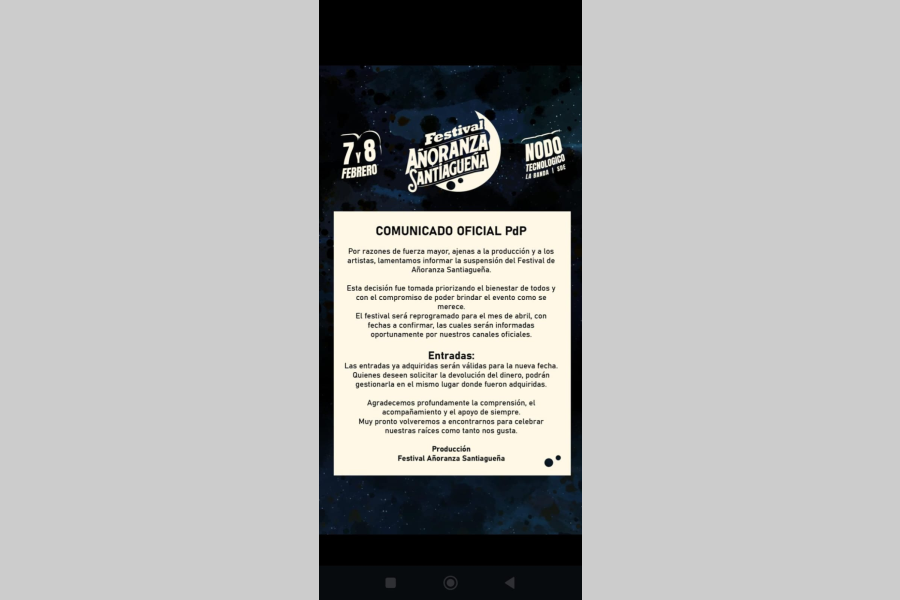 El Festival de Añoranza Santiagueña se suspende y pasa para abril