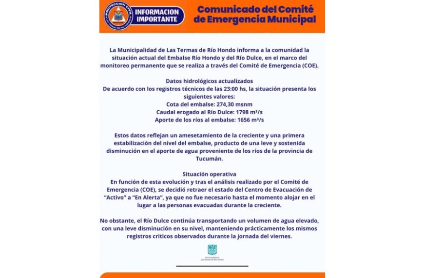 La crecida del río Dulce se estabiliza y lleva alivio a Las Termas