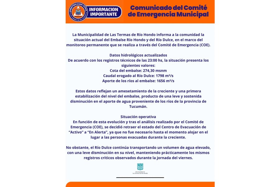 La crecida del río Dulce se estabiliza y lleva alivio a Las Termas La crecida del río Dulce se estabiliza y lleva alivio a Las Termas