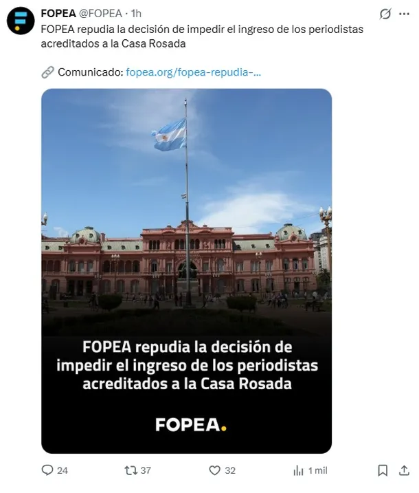 FOPEA repudia la prohibición del ingreso de periodistas acreditados a la Casa Rosada