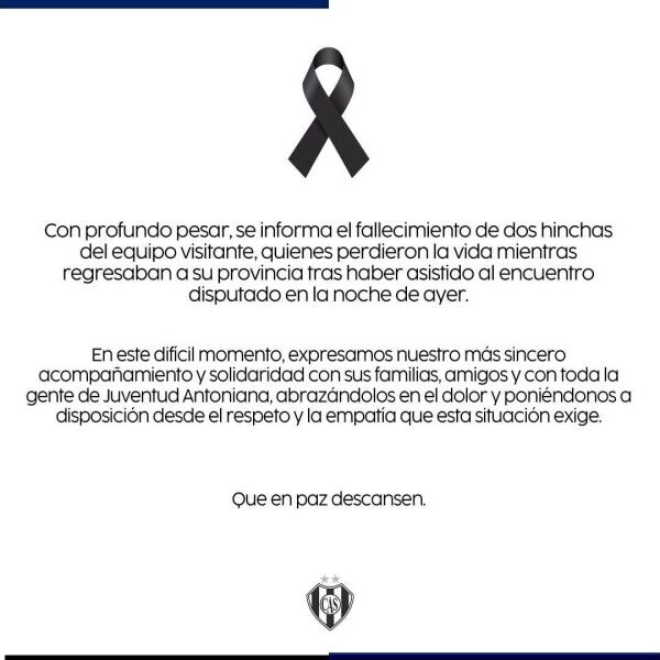 Sarmiento expresó su pesar por la tragedia de hinchas de Juventud Antoniana