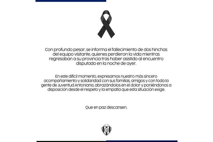 Sarmiento expresó su pesar por la tragedia de hinchas de Juventud Antoniana