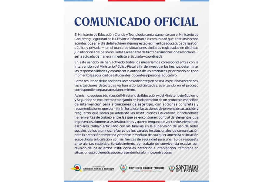 Educación y Seguridad refuerzan controles en escuelas tras amenazas de tiroteo