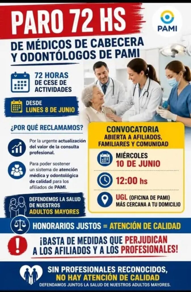 Medida de fuerza nacional de 72 horas por parte de profesionales de la salud de PAMI en reclamo de mejoras arancelarias