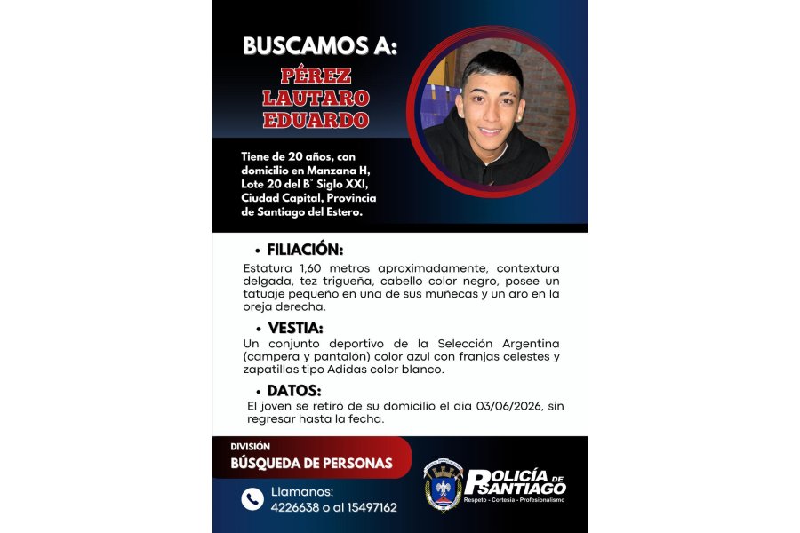 La Policía de Santiago del Estero busca intensamente a un joven de 20 años desaparecido en el barrio Siglo XXI
