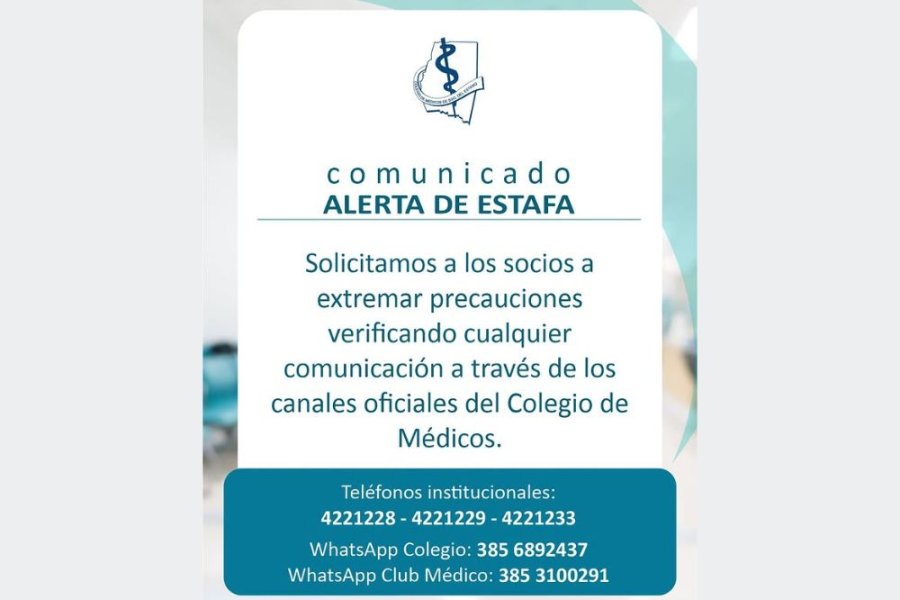 Advertencia institucional del Colegio de Médicos de Santiago del Estero por maniobras de fraude telefónico a sus afiliados