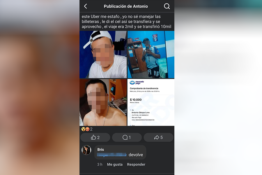 Los familiares del damnificado difundieron las capturas de la transferencia digital y el perfil del chofer para exigir la restitución de los fondos sustraídos