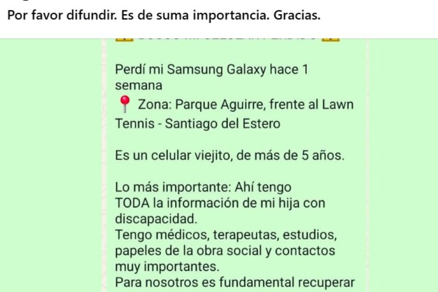 Una madre solicita ayuda para recuperar un celular con información médica indispensable de su hija
