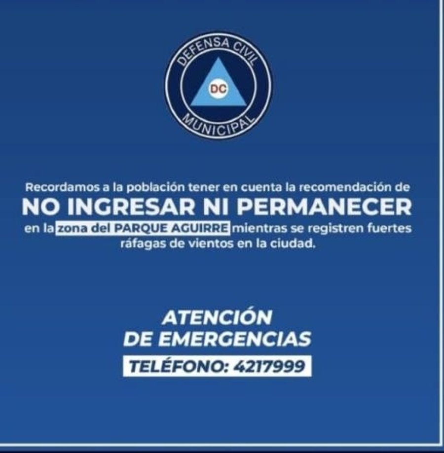 Defensa Civil pidió evitar el ingreso al Parque Aguirre por las fuertes ráfagas de viento