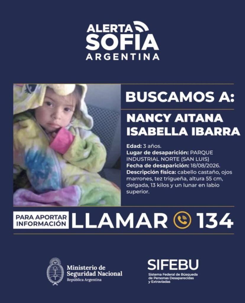 Activaron el Alerta Sofía por la desaparición de una niña de 3 años en San Luis