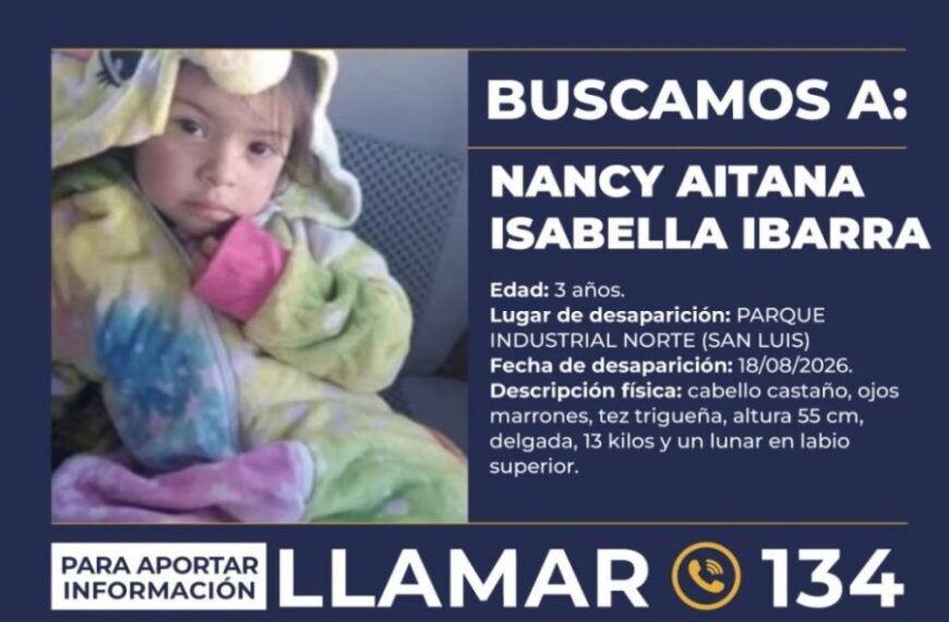 Activaron el Alerta Sofía por la desaparición de una niña de 3 años en San Luis