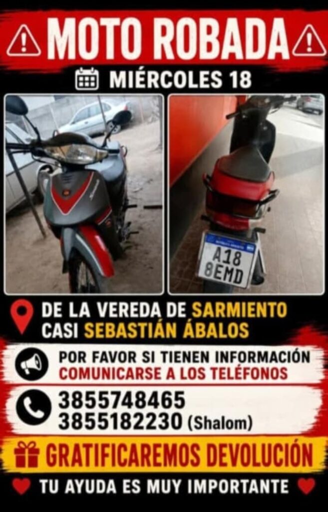 Robaron la moto de una trabajadora en calle Sarmiento y piden ayuda para recuperarla