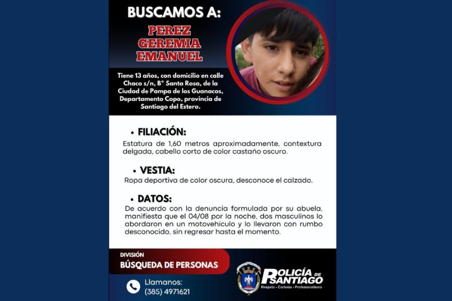 Buscan desesperadamente a un adolescente de 13 años secuestrado por dos motociclistas en Pampa de los Guanacos Buscan desesperadamente a un adolescente de 13 años secuestrado por dos motociclistas en Pampa de los Guanacos