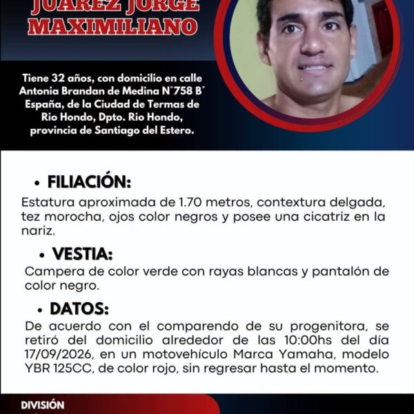 La División Búsqueda de Personas emitió una alerta para dar con el paradero de Jorge Maximiliano Juárez, de 32 años