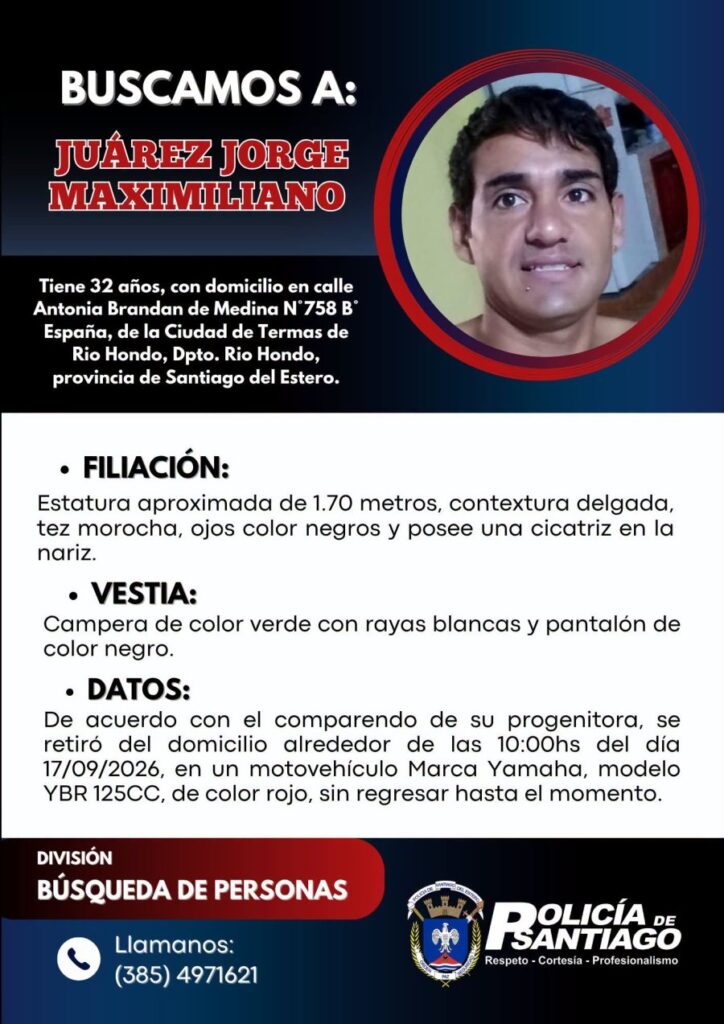 La División Búsqueda de Personas emitió una alerta para dar con el paradero de Jorge Maximiliano Juárez, de 32 años