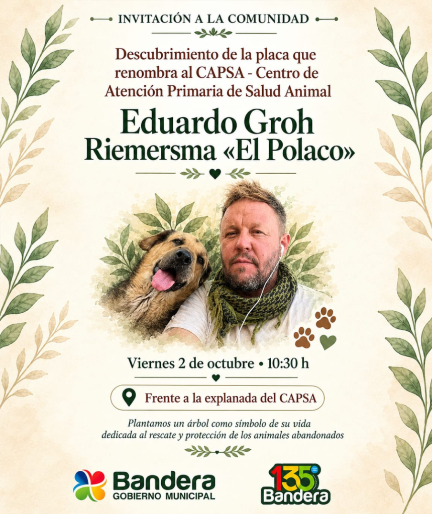 Bandera homenajeará a Eduardo «El Polaco» Riemersma con una placa en el Centro de Atención Primaria de Salud Animal
