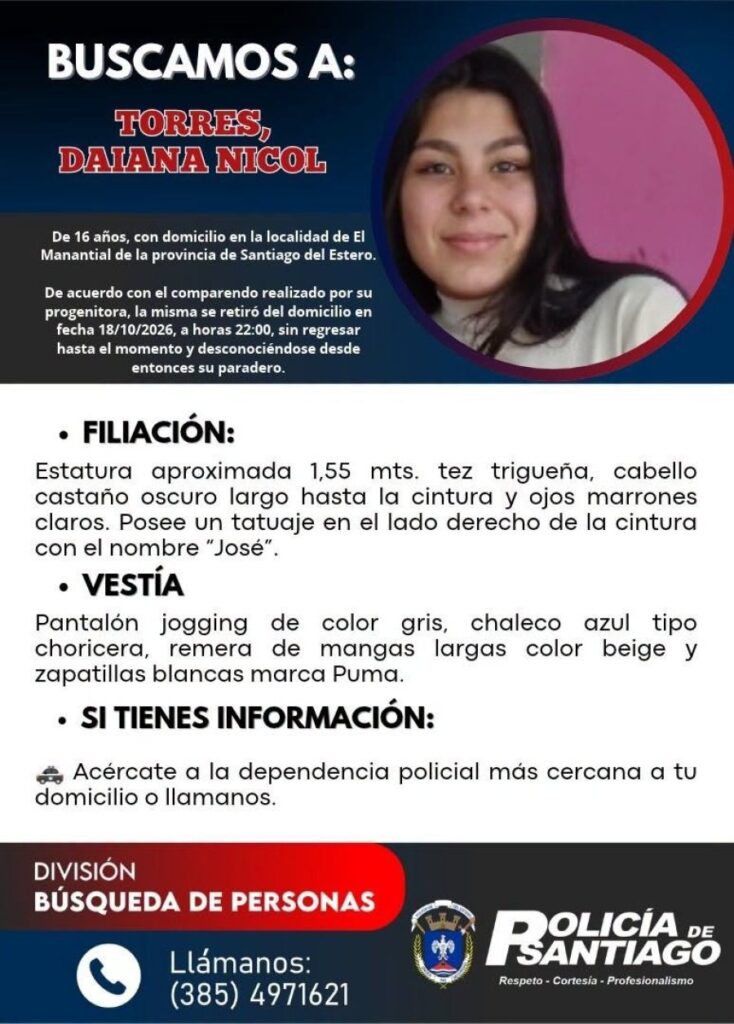 Buscan a una adolescente de 16 años desaparecida en la localidad de El Manantial