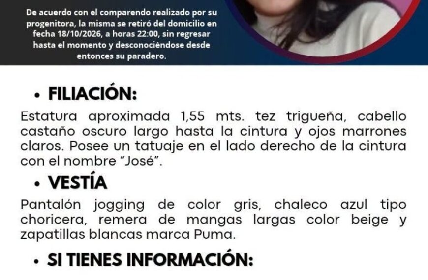 Buscan a una adolescente de 16 años desaparecida en la localidad de El Manantial